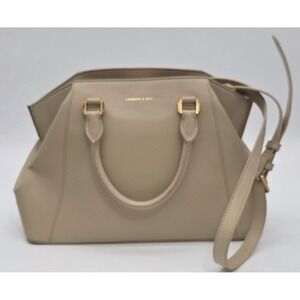 Charles & Keith Beige Leather Geometric Tote Crossbody Strap Gold Hardware #0352